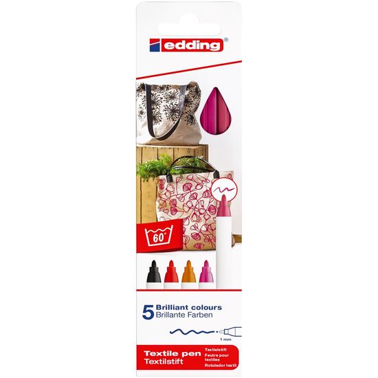Textielstiften edding 4600 set 5 basis kleuren
